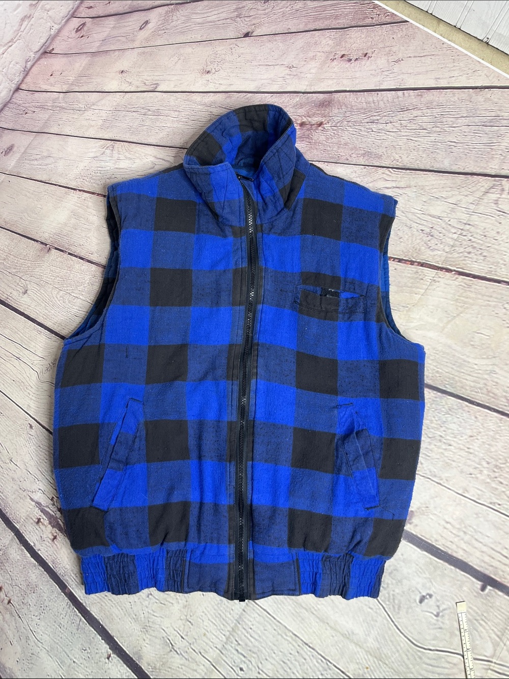 Vintage Branded Lion Blue and Black Buffalo Plaid Zip-Up Vest